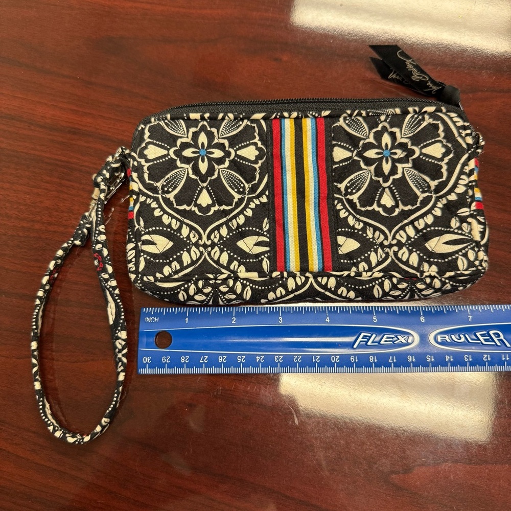 Vera Bradley Wristlet Black White Floral Zip Wallet Pouch Striped Accent